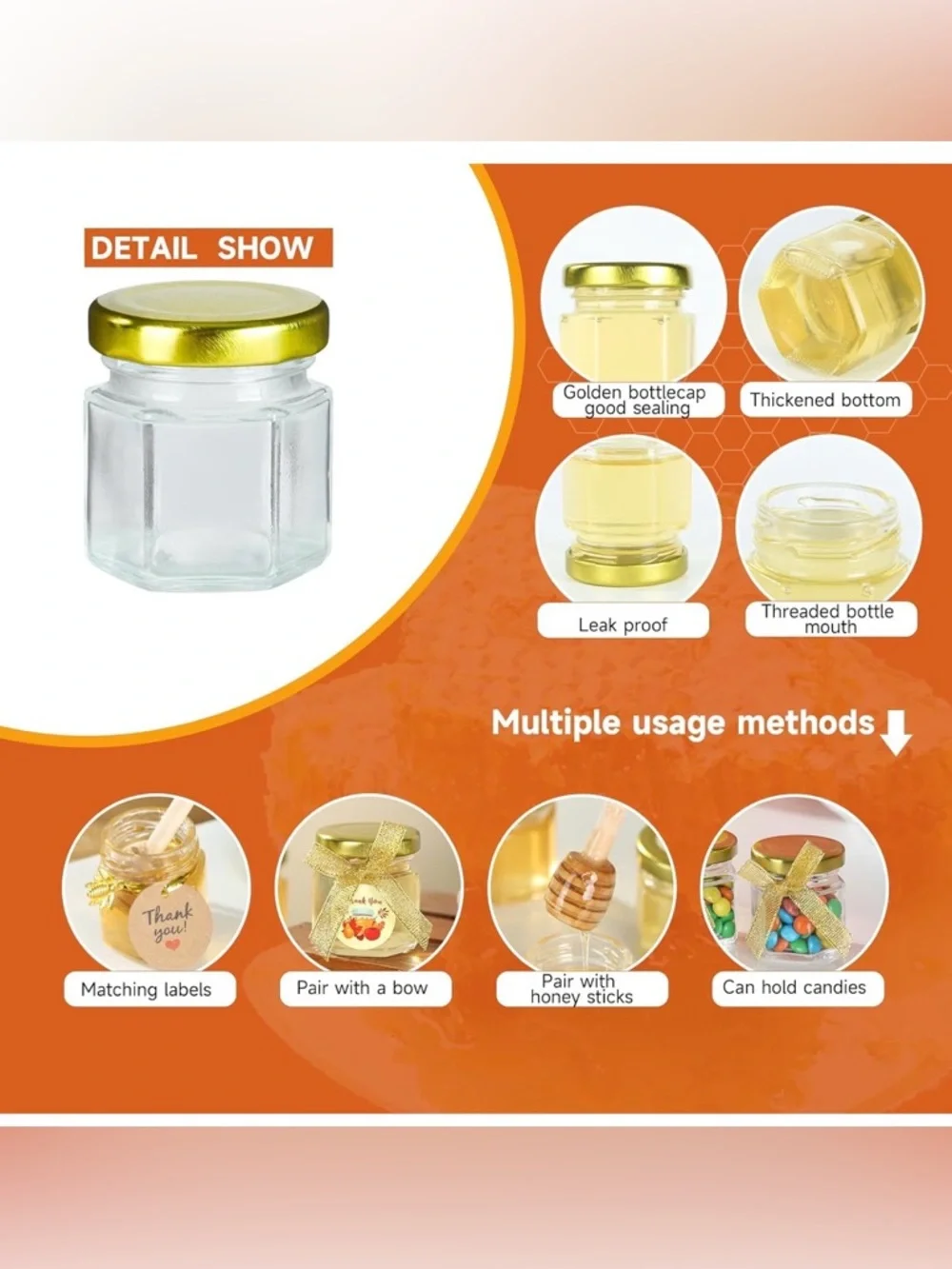 Mini Honey Jar Favor Set Gold Lids Bee Charm Organza Bags 1.5 oz Set of 15 - Picture 4 of 7